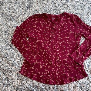 segments - long sleeve top burgendy with tiny flowrer pattern - cotton - size L